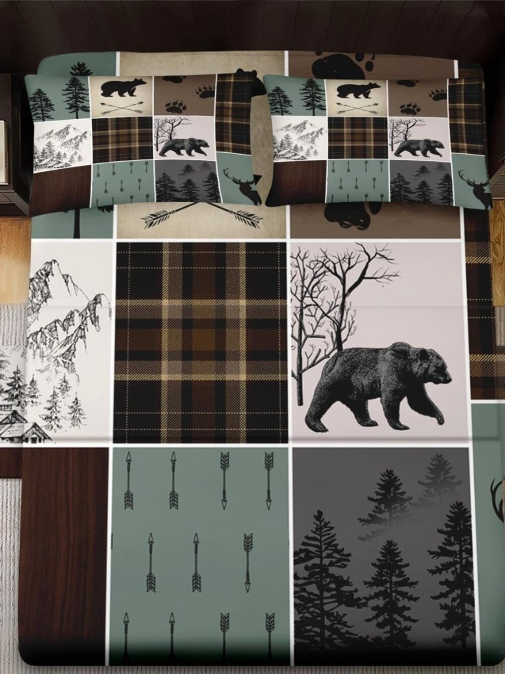 Queen Bed Sheet Set, 4 Pieces Bear Woodland Bedding with Flat